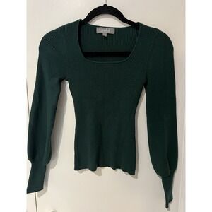 Marled Women's Sz XS Green Long Sleeve Pullover Sweater Ribbed Stretch‎ Knit